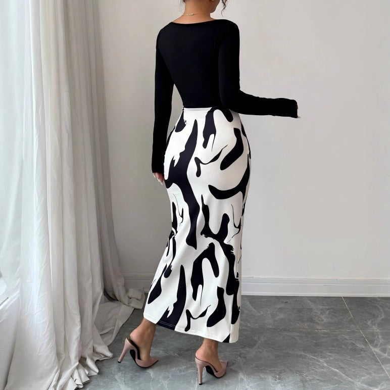 Fashionable Printed Slim-Fit Long-Sleeve Slit Dress