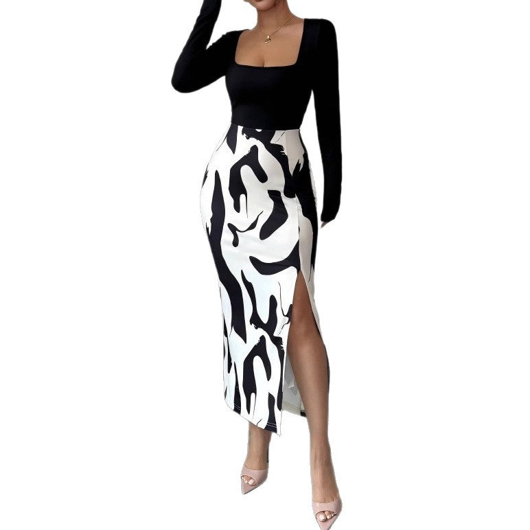 Fashionable Printed Slim-Fit Long-Sleeve Slit Dress