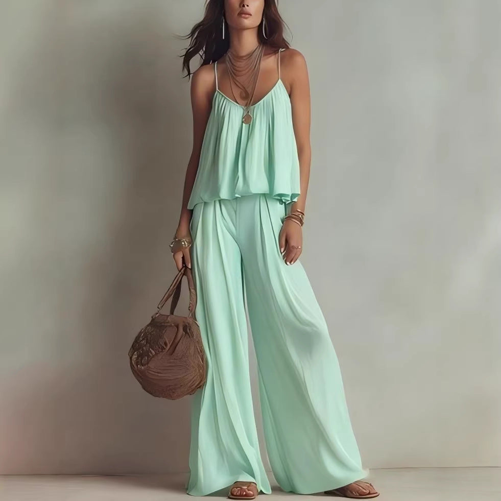 French-style Minimalist Slip Top And Wide-leg Pants Two-piece Set For Women