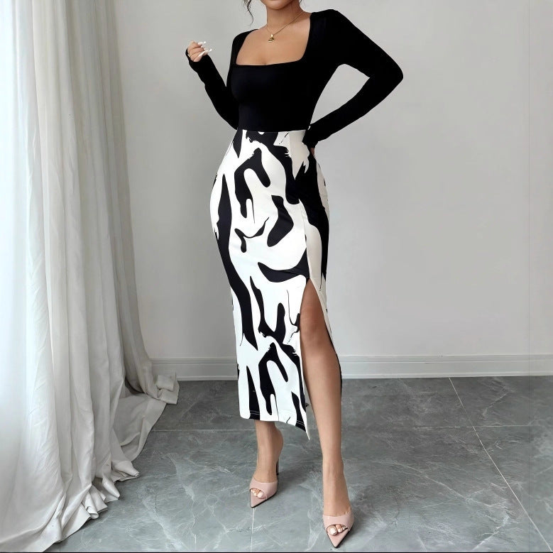 Fashionable Printed Slim-Fit Long-Sleeve Slit Dress