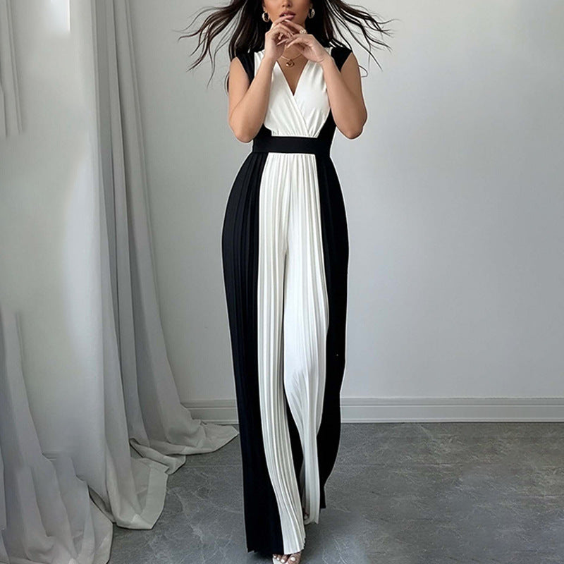 Womens Elegant Long-Sleeve V-Neck Printed Jumpsuit